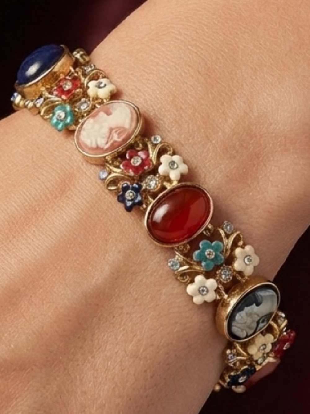 Gold-Tone Multicolor Cameo & Floral Cabochon Bracelet